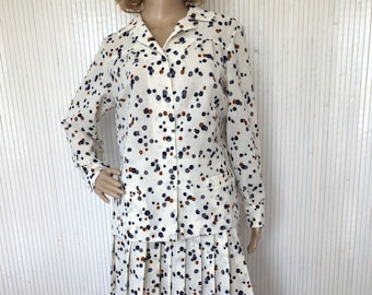Conjunto de blusa y falda plisada vintage de mujer de los años 70, talla 44, blanco roto con lunares, fabricado en Francia