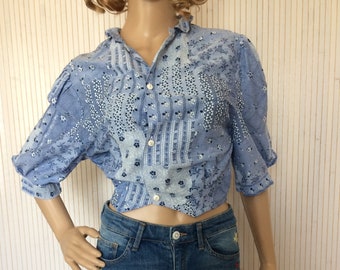 Short Blouse Woman FlowerEd Vintage Blue