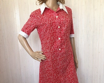 Liberty Red Summer Dress in Vintage Cotton Short Sleeves Collar and Sleeve English Embroidery Hand Sewn Floral Size 38