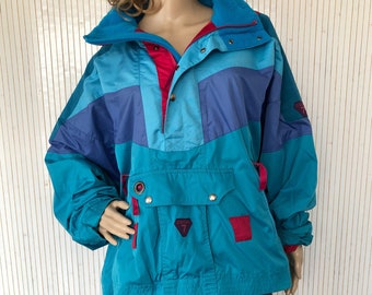 Anorak Veste de Ski Vintage Degré 7 Veste années 80 Blouson de Montagne Femme taille L Vêtement sport d'hiver Vert et Bleu