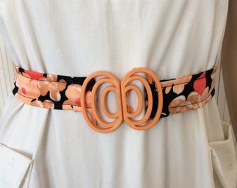 Vintage Women&#39;s Belt Orange and Black Floral Fabric Belt