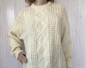 Vintage sweater 100% pure virgin wool from Ireland Winter hand knitted sweater Beige color Oversized twisted sweater Gaeltarra Unisex