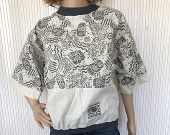 T-Shirt Loose Graphic Vintage Women 80s T-shirt Cotton Beige and Gray Pattern Sweatshirt Oversize Size S New Sensations