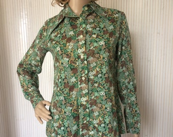 Women's Vintage Green Floral Blouse Long Sleeves Cake Server Collar Size 38