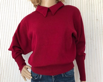 Pull Rouge en Pure laine vierge Vintage Femme Pull à manches Amples d'Hiver Pull années 80 Grand Angle La redoute