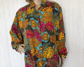 Chemise Vintage Femme Années 80 Oversize fit Chemisier à motifs Feuillage colorés Blouse multicolore à Manches longues