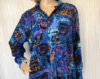 Vintage Shirt Unisex 80s Oversize fit Blue Patterned Shirt Car Colorful Long Sleeve Shirt Graphic Shirt