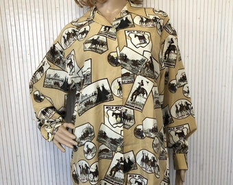 Vintage Seidenhemd Cowboy Western Print Oversize Beige Gemustertes Hemd Langarm Baumwolle Quadratisches Hemd Landhemd