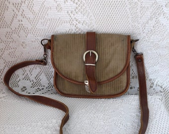 Vintage Brown Shoulder Bag Canvas Bag Velvet and Leather "In its original condition"