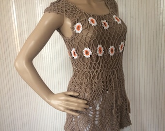 Vintage Women's Crochet Brown Floral Hippie Tank Top Seventies Brown
