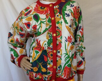 Vintage Women&#39;s Silk Jacket 70s Jacket Made in France Women&#39;s Jacket Colorful Jacket Pering