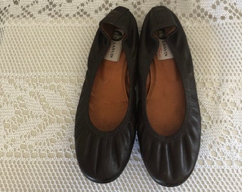 Lanvin P.38 Ballet Flats Chocolate Brown Leather Vintage Women's Shoes Contour Elastic Ballet Flat Brown Leather