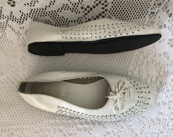 Ballerine Pelle Vintage Scarpe Donna Pelle intrecciata e traforata Bianco sporco Taglia 39/40 Ballerine stringate Scarpe basse comfort