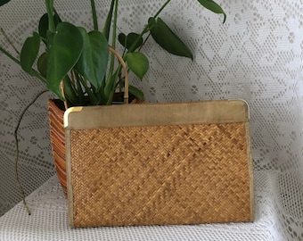 Pochette Vintage Rotin Tissé Naturel et Cuir Pochette Tressée chevrons Miel Sac Minimaliste Nature