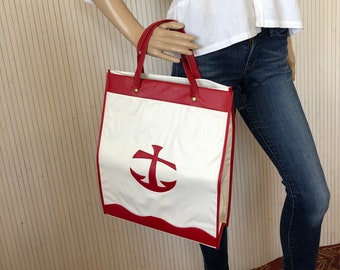 Vintage Bag Woman Bag Bag Seacrack Red and White Retro Cruise Bag Plasticized Holiday Bag