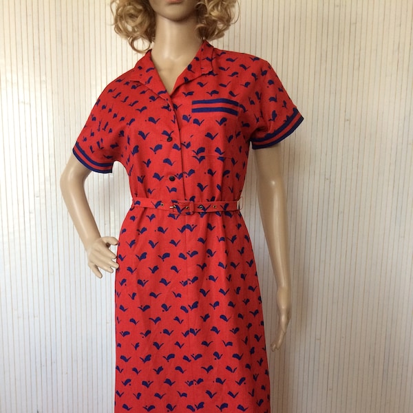 Robe Vintage Femme Années 60 Robe manches courtes Robe Rouge à motifs bleu marine Robe chemise rétro