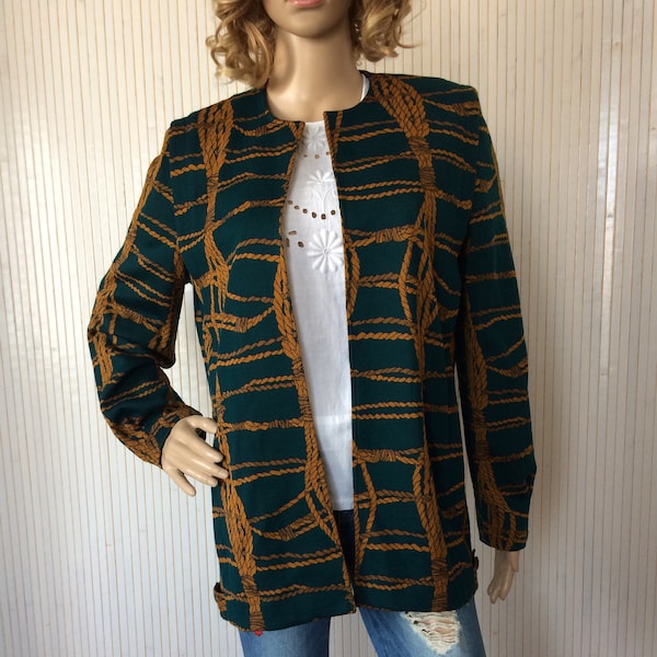 Veste Vintage Femme Huguet Verte motifs cordes T40