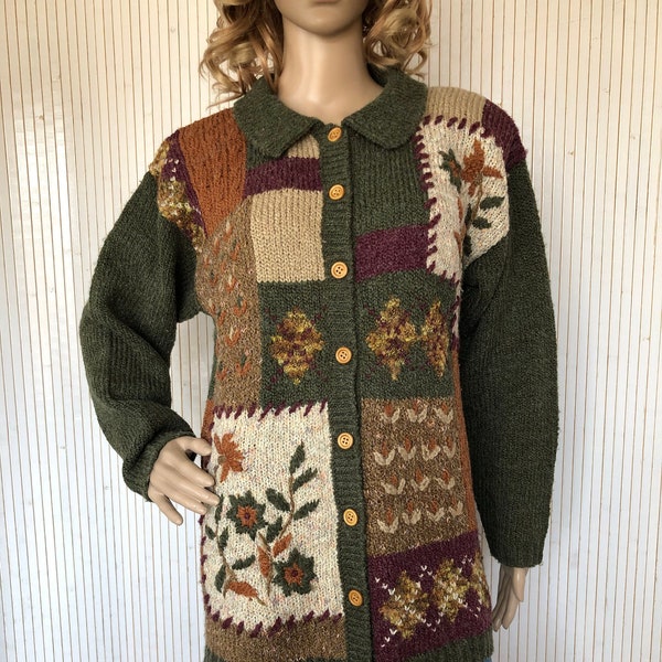 Gilet Patchwork floral Vintage Cardigan Femme Taille 38/40 Gilet Damart en laine Vert Marron et Beige Gilet manches longues