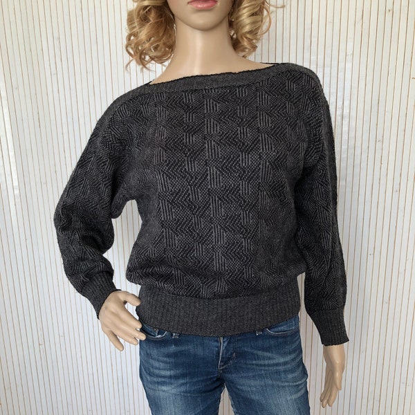 Pull Vintage Femme Pull gris Taille 36 Pull en laine gris et noir à chevrons Pull Rodier Paris Made in France