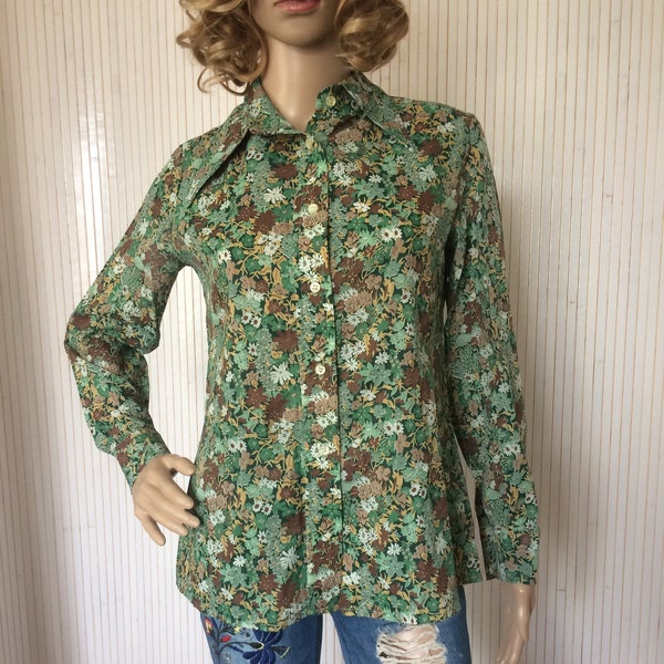 Blouse Fleuri Vintage Green Woman Long Sleeves