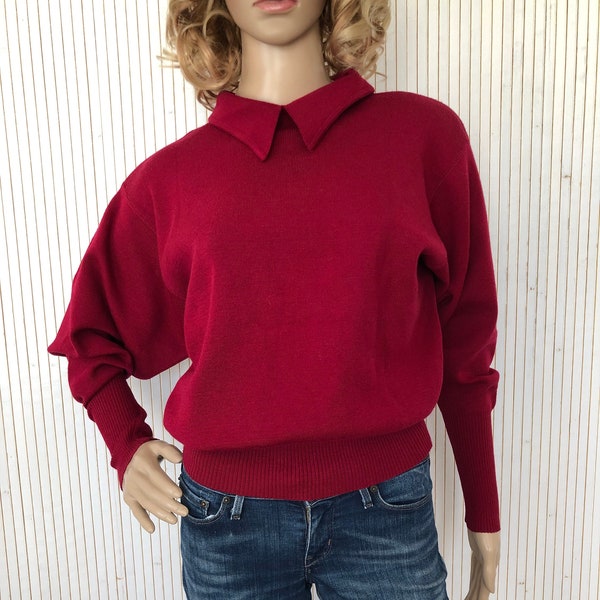 Pull Rouge en Pure laine vierge Vintage Femme Pull à manches Amples d'Hiver Pull années 80 Grand Angle La redoute