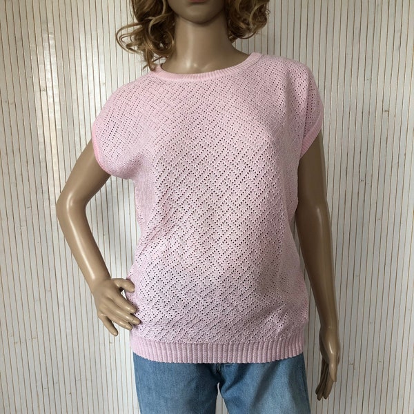 Pull Vintage Femme Manches Courtes Ajouré Rose T38 Petit Pull d'été Vintage Français