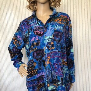 Vintage Shirt Unisex 80s Oversize fit Blue Patterned Shirt Car Colorful Long Sleeve Shirt Graphic Shirt