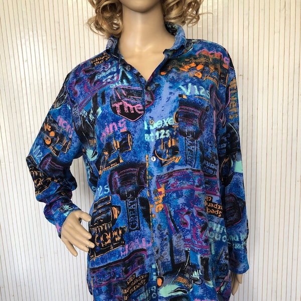 Vintage shirt unisex jaren 80 oversized fit blauw patroon shirt auto kleurrijke lange mouw shirt grafisch shirt