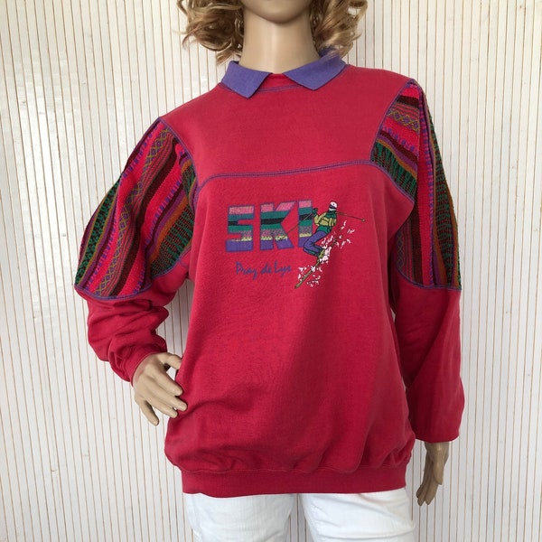 Pull Coloré Vintage Années 80 Sweat-shirt Rose Vintage Sweat de sport La mode des montagnes Col polo Pull Surdimensionné