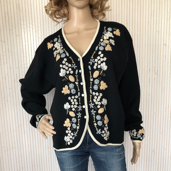 Gilet Vintage en laine Broderie florale Cardigan Femme Taille 4 Gilet Alain Manoukian Noir