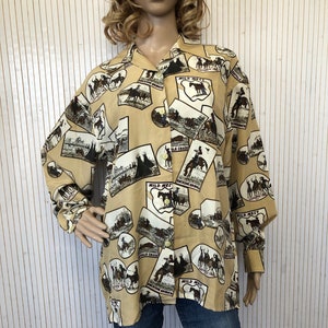 Vintage Silk Shirt Cowboy Western Print Oversize Beige Patterned Shirt Long Sleeve Cotton Square Shirt Country Shirt