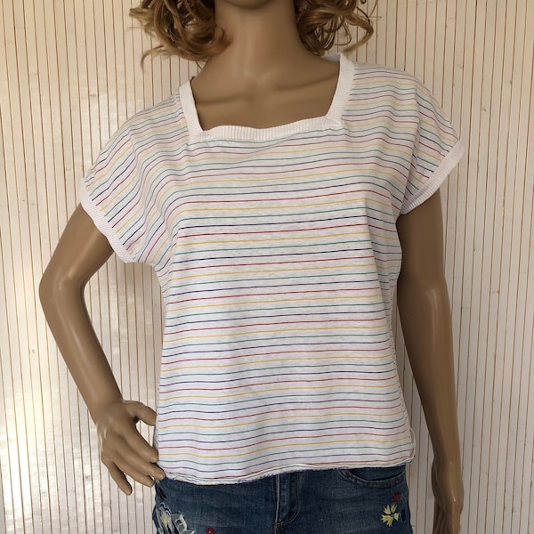 Tee-Shirt en Coton Vintage femme Tee-shirt col carré d'été blanc à fines rayures Multicolores taille M/L