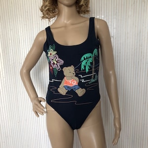 Women's Vintage Teddy Bear One-Piece Swimsuit in Navy Blue Cotton, Size 38/40, Swimsuit Together, Girls' Swimsuit