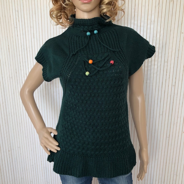 Pull Tricoté Vintage Femme Manches courtes Taille S Pull Vert en laine Sapin de Noël