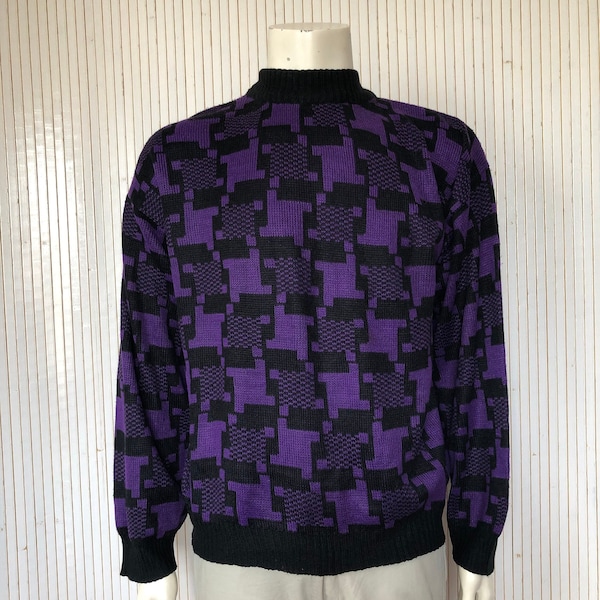 Pull Jacquard Homme Vintage Pull en Laine à motifs Taille L-XL Pull Oversize noir et violet Pull d'hiver