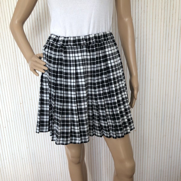 Jupe écossaise Vintage Femme Jupe Plissée taille S/M/L Jupe noire et blanche à carreaux Zeste de Mode Jupe Tartan Taille élastique