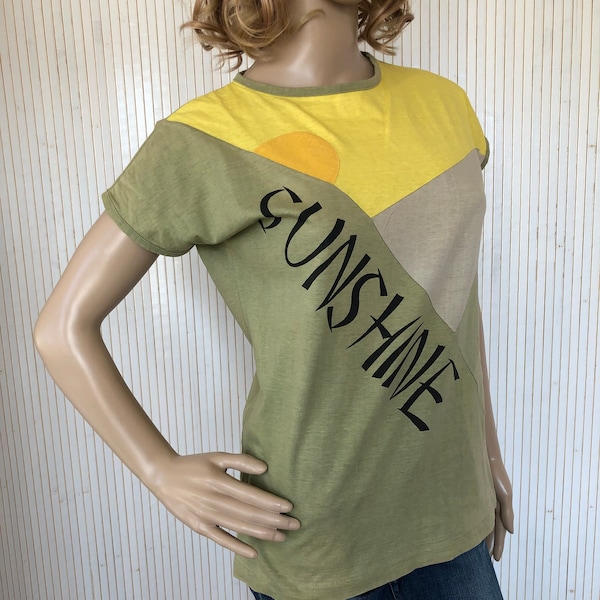 T-Shirt Sunshine Vintage Women 80s Cotton T-shirt Peter Bronson Asymmetrical Pattern Size 2 Minimalist Clothing