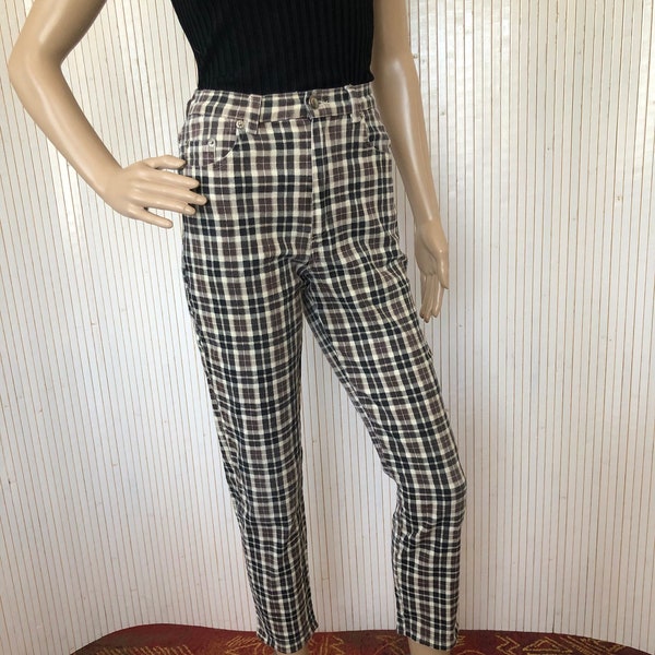 Pantalon Slim à carreaux Vintage 80s Femme Pantalon moulant Fuselé Taille 36/38 Pantalon 7/8 Taille haute Zeste de mode