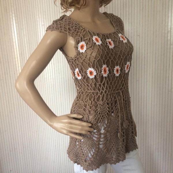 Haut Femme Vintage Crochet Marron à Fleurs Hippie