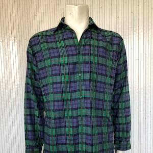 Vintage kariertes Hemd von Pierre Cardin, grünes und violettes Herrenhemd mit langen Ärmeln, Größe L-XL, hergestellt in Frankreich, Holzfällerhemd