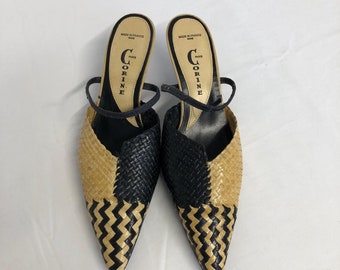 Beige and Black Pointed Pumps Vintage Braided Leather Women's Heeled Mules Corine Paris Made in France Size 36 Elegant Two-Tone Pumps