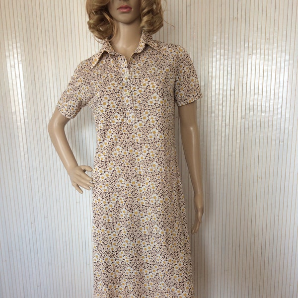 Robe Vintage Femme Robe années 70 Tissu Liberty Jaune et Marron taille M Manches courtes