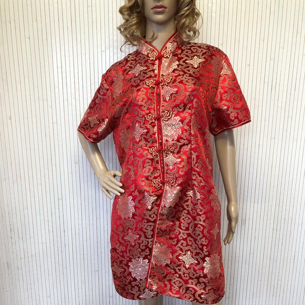 Robe Asiatique en Soie Vintage Robe Cheongsam Robe rouge fleurie Années 80 Robe manche courtes Robe traditionnelle Qipao