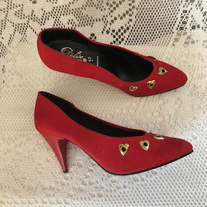 Shoes Pumps Vintage Red Golden Hearts Women&#39;s Shoes Size 39-40 Retro Délise Creation Made in France 8.5cm heel