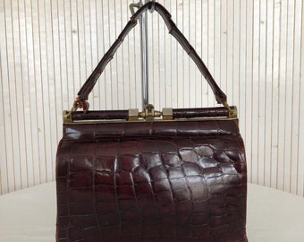 Vintage Women's Bag 60s Doctor's Bag in Bordeaux Crocodile Skin Print Patent Leather Vintage Distressed Bag in its Original Condition