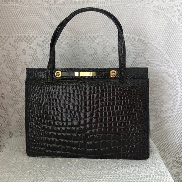 Sac de Luxe Vintage Femme Années 70 Sac en cuir verni Marron Vimar Paris imprimé peau Sac Trapèze Made in France