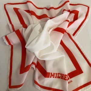Vintage Square Bufanda 70s Michelle Paris Blanco y Rojo Brillante Elegante Bufanda de Mujer