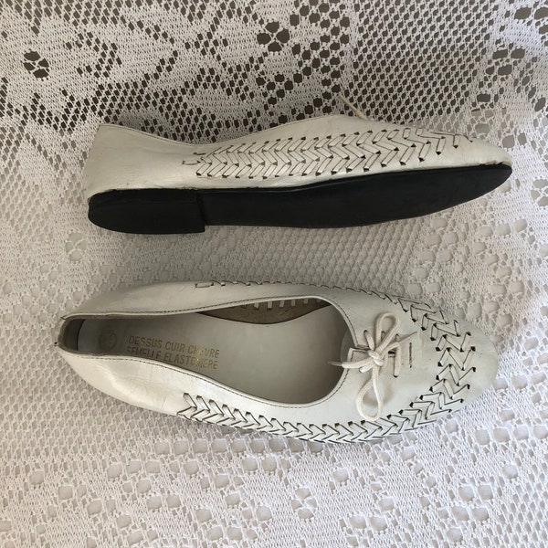 Vintage Leather Ballet Flats Women's Shoes Braided and openwork leather Off-white Size 39/40 Lace-up ballet flats Comfort flat shoes