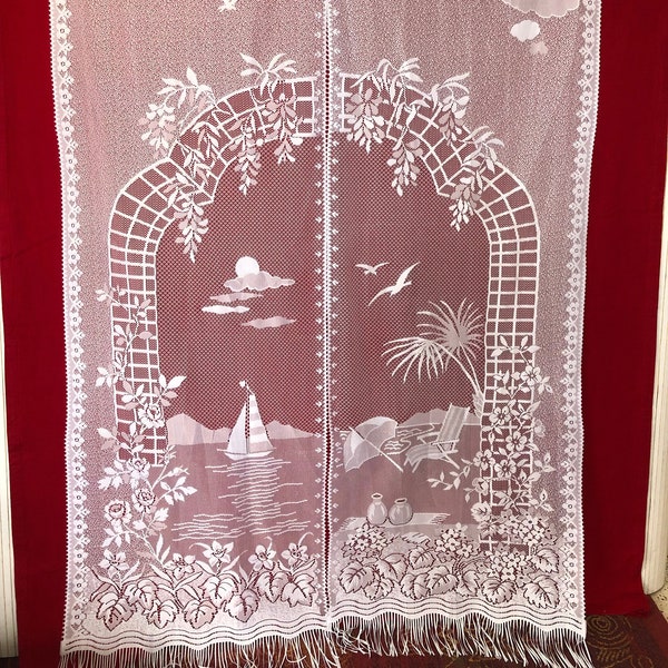 French Lace Curtain X 2 Window Panel L.62cm x H.207cm Curtain Landscape Vacation Seaside Fringe Curtain