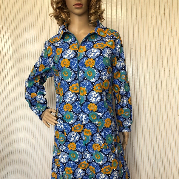 Robe Tablier Nylon Vintage Femme Blouse à Fleurs Robe colorée Tablier manches longues Robe fleurie Bleue